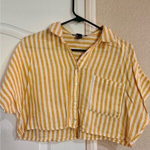 Yellow and White Striped Button-Up Cropped Top